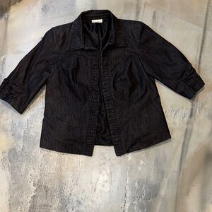 Dressbarn Woman Ruffle Front Denim Jacket Size 14/16 Blue Open Front Cardigan